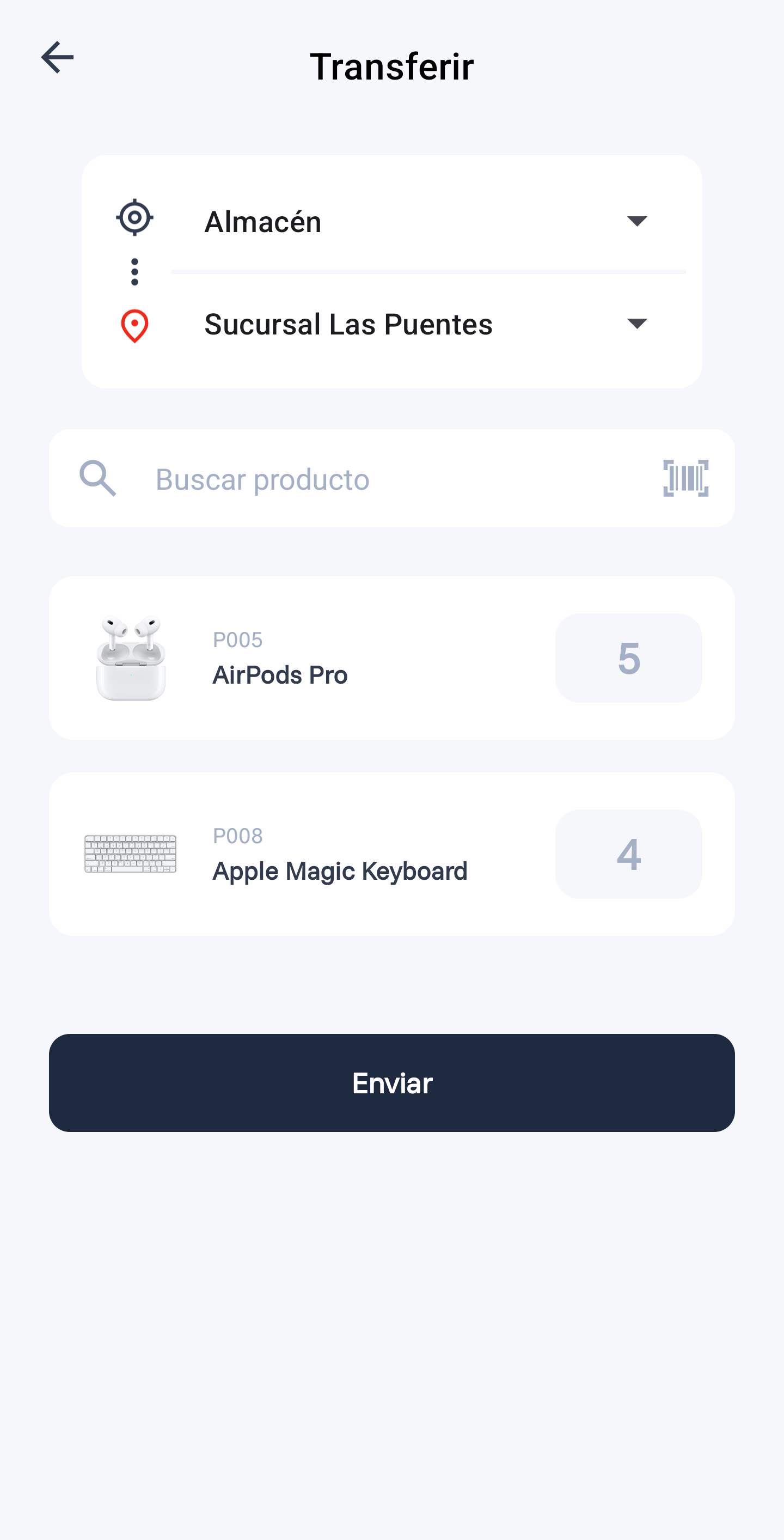 Pantalla para transferir productos entre sucursales en Glacium